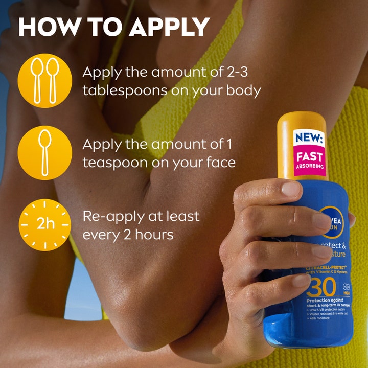 NIVEA Protect & Moisture Sun Spray SPF30 200 ml solkrem med instruksjoner for påføring på kropp og ansikt