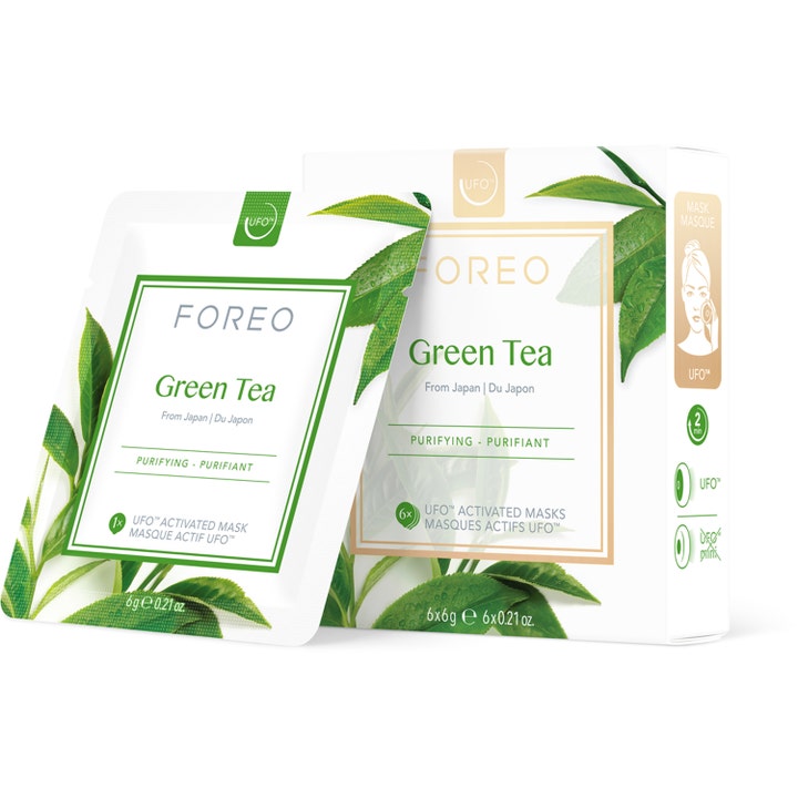 Foreo Green Tea 6x6g rensende ansiktsmaske i hvit eske og pose dekorert med friske grønne teblader