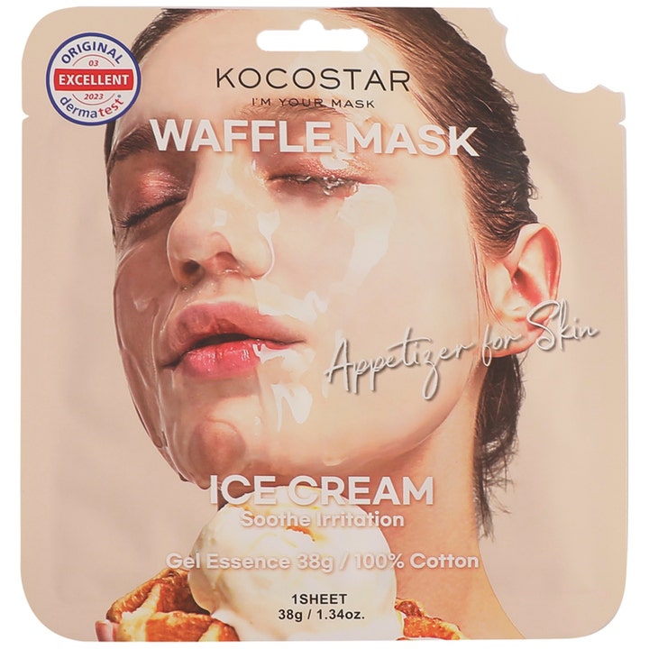 Kocostar Waffle Mask Ice Cream 40 g beroligende sheet mask som lindrer irritasjon i pakke med bilde av is og vaffel.