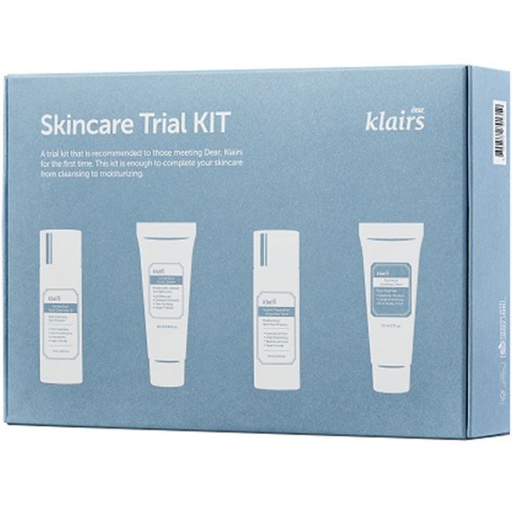 Klairs Skincare Trial KIT 4 deler fuktighetsgivende hudpleiesett i lyseblå eske med hvite produktillustrasjoner