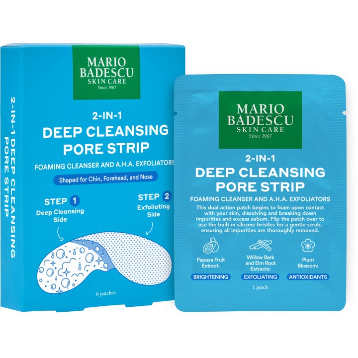 Mario Badescu 2-In-1 Deep Cleansing Pore Strip 6 stk ansiktsrens i blå eske og pose med dyprensende lapper