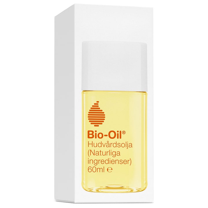 Bio-Oil Skin Care Oil 60 ml pleiende hudpleieolje med naturlige ingredienser i klar flaske og hvit eske