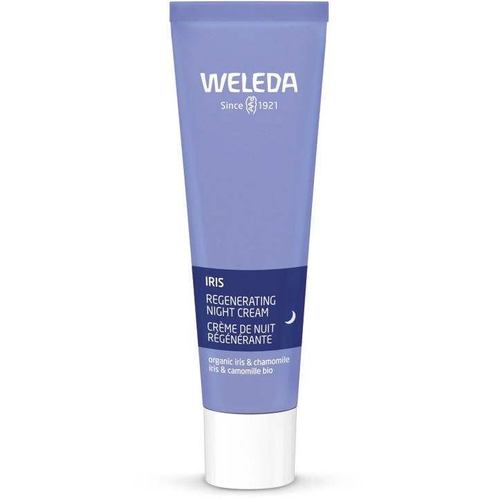 Weleda Iris Regenerating Night Cream 30 ml regenererende nattkrem i lilla tube med mørkeblå detaljer og hvit kork