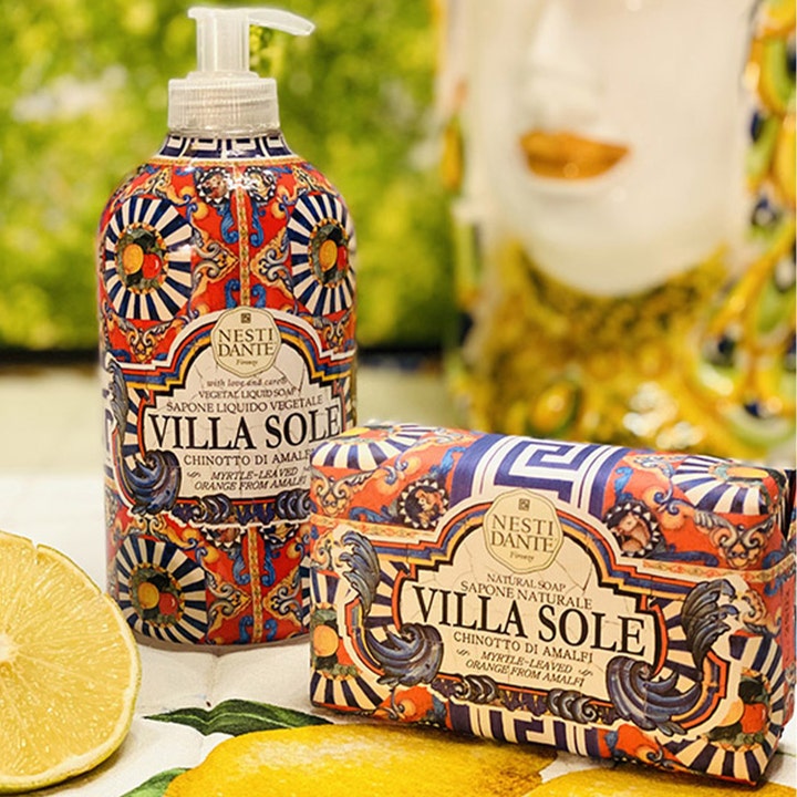 Nesti Dante Villa Sole Chinotto D'amalfi 500 ml flytende håndsåpe og såpestykke med fargerikt italiensk mønster