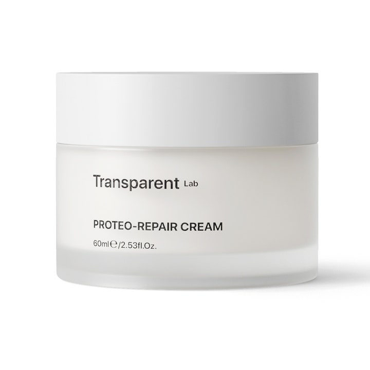 Transparent Lab Proteo-Repair Cream 60 ml reparerende ansiktskrem i en stilren frostet glasskrukke med hvitt lokk