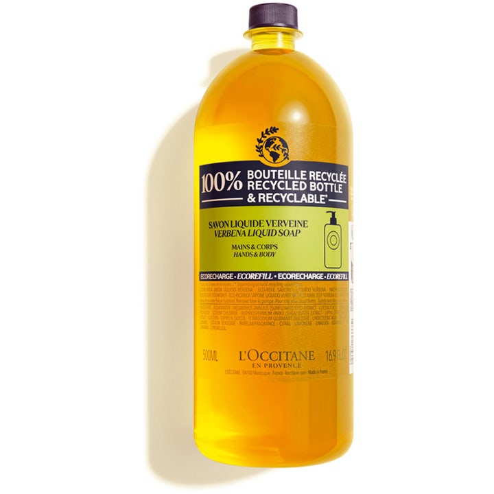 L'Occitane Verbena Liquid Soap 500 ml oppfriskende flytende såpe i gul plastflaske med lilla kork