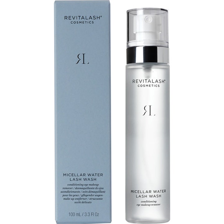 RevitaLash Micellar Water Lash Wash 100 ml skånsomt micellærvann i frostet pumpeflaske med lyseblå ytteremballasje