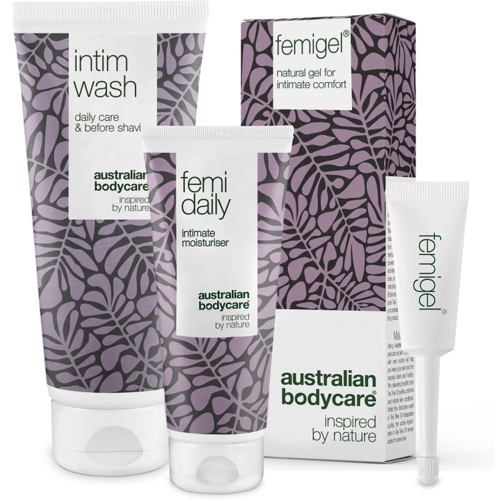 Australian Bodycare Intimate Care Kit pleiesett mot kløe og ubehag i hvite tuber med lilla bladmønster
