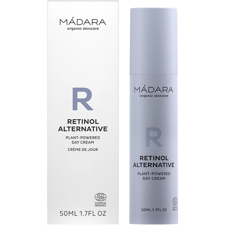MÁDARA Retinol Alternative 50 ml plantebasert dagkrem i hvit eske og matt lilla beholder med pumpefunksjon
