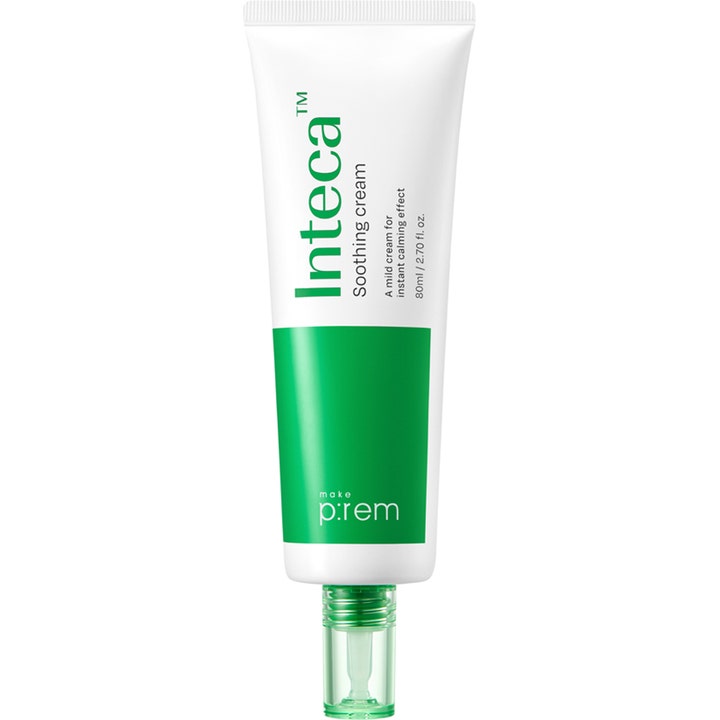 make p:rem Inteca Soothing Cream 80 ml beroligende ansiktskrem i hvit tube med grønt felt og gjennomsiktig kork