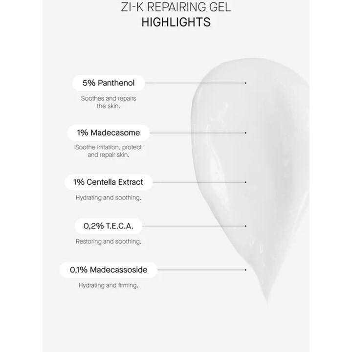 Niche Beauty Lab Transparent Lab Zi-K Cica Repairing Gel 100 ml hvit geltekstur med 5% Panthenol og Centella Extract.