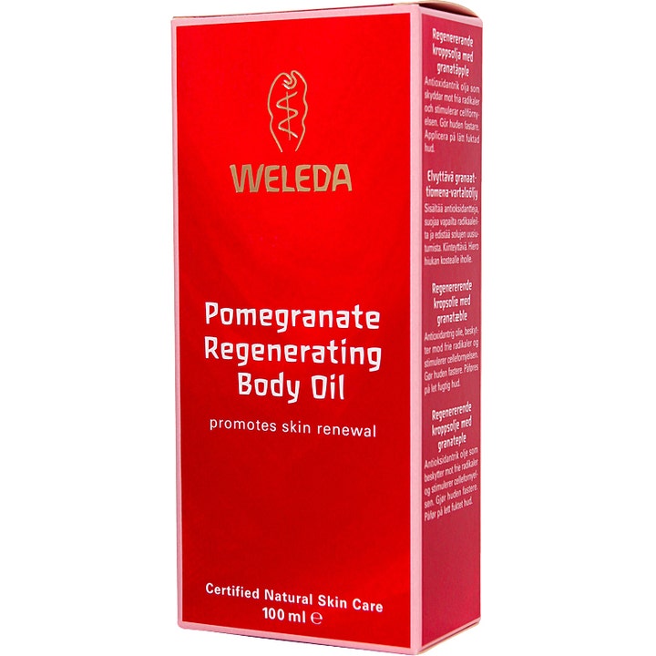 Weleda Pomegranate Regenerating Body Oil 100 ml i rød eske som gir fastere hud og stimulerer cellefornyelsen.