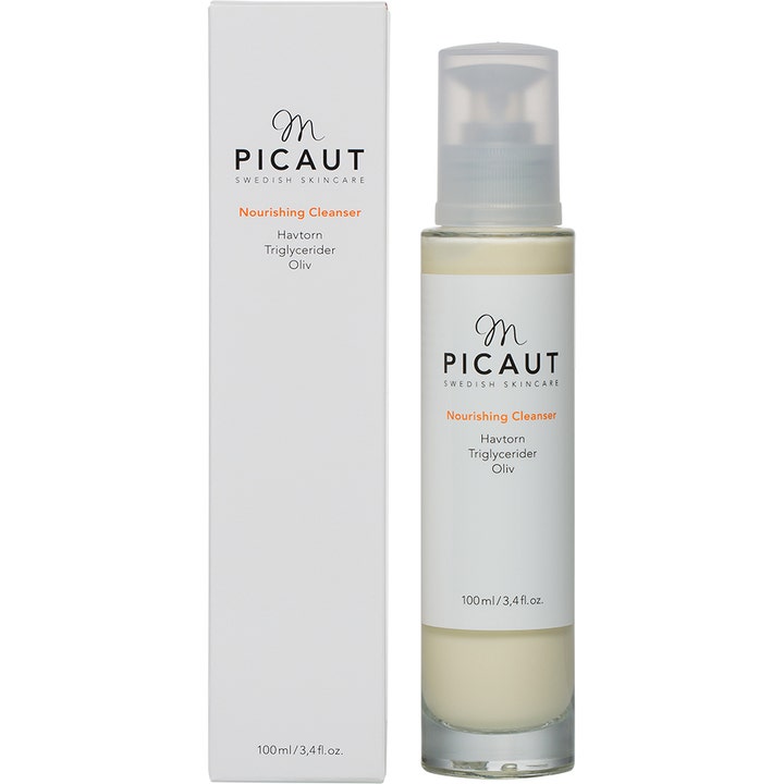 M Picaut Swedish Skincare Nourishing Cleanser 100 ml pleiende ansiktsrens med havtorn i glassflaske og eske