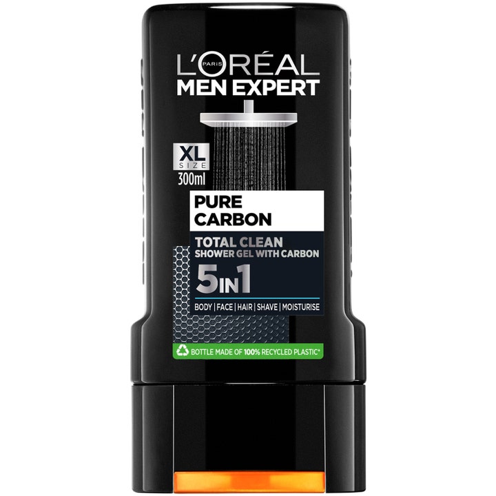 L'Oréal Men Expert Pure Carbon Total Clean 300ml rensende dusjsåpe i svart flaske med grafikk og oransje detalj