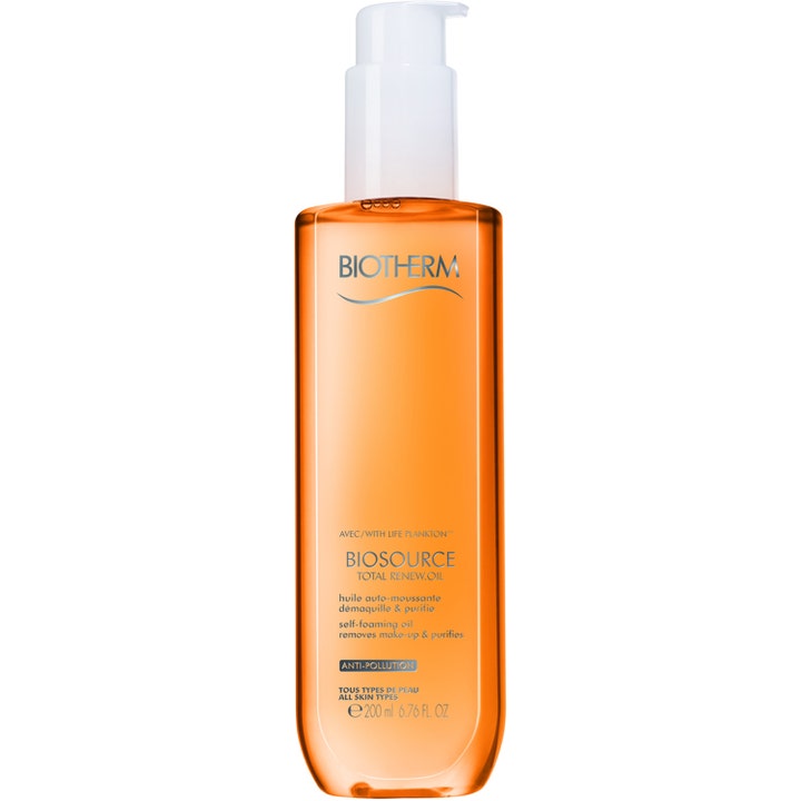 Biotherm Biosource Total Renew Oil 200 ml rensende ansiktsolje fjerner sminke i en klar flaske med hvit pumpe