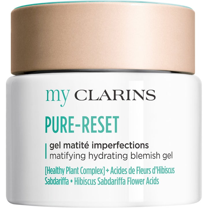 My Clarins Pure-Reset Matifying Hydrating Blemish Gel mattende ansiktsgel i hvit krukke med beige lokk.