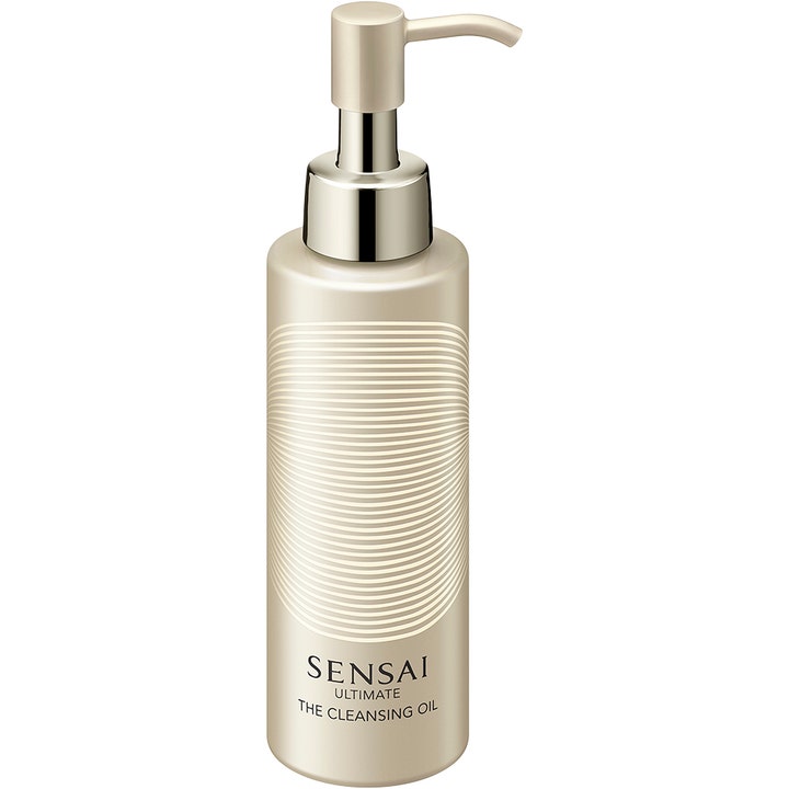 Sensai Ultimate The Cleansing Oil 150ml renseolje i perlemorsfarget flaske med hvitt mønster og sølvpumpe.