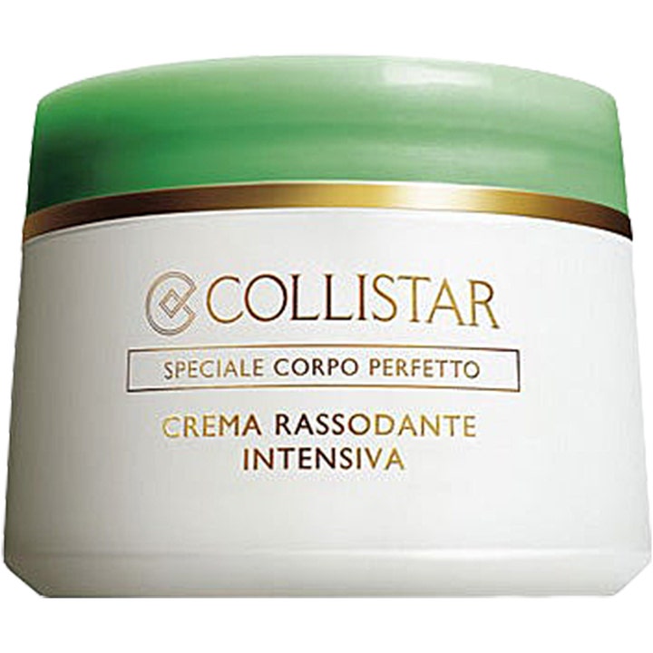 Collistar Speciale Corpo Perfetto Crema Rassodante Intensiva oppstrammende kroppskrem i hvit krukke med grønt lokk og gullkant.