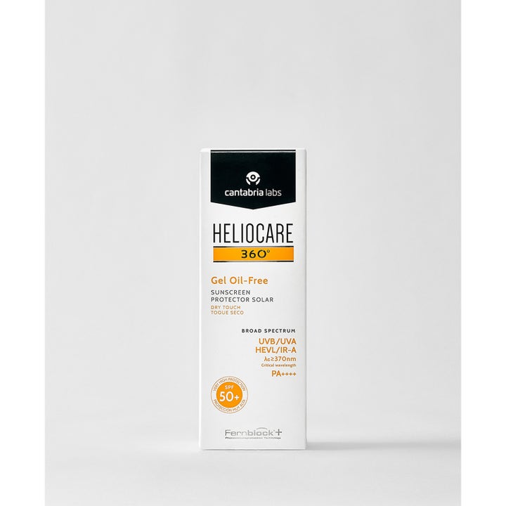Heliocare 360 Gel Oil-Free 50 ml solkrem i hvit eske gir matt finish med SPF 50+ og Fernblock-teknologi.