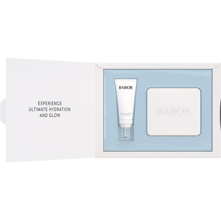 Babor Experience Ultimate Hydration and Glow sett gir fuktighet med øyeserum og ansiktspleie i hvit gaveeske.