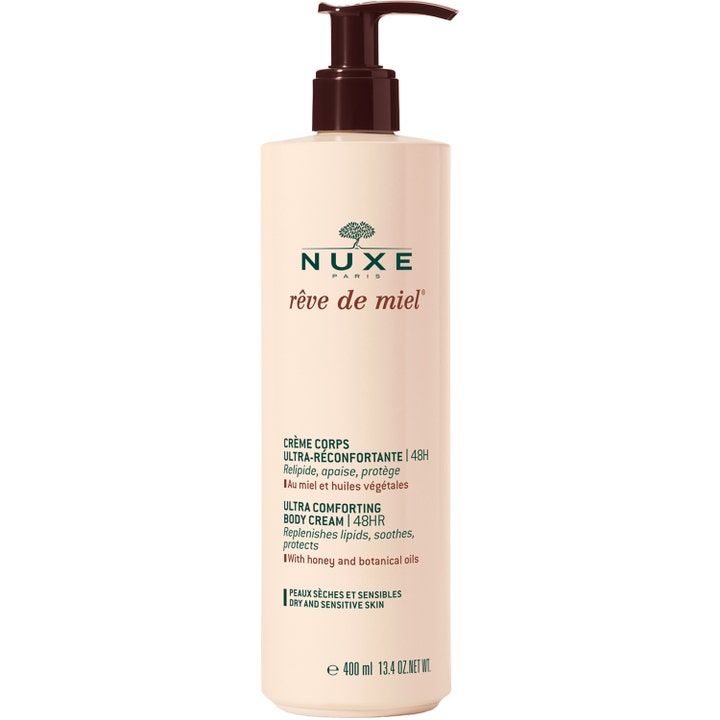 Nuxe Rêve de Miel Ultra Comforting Body Cream 400 ml pleiende kroppskrem i beige pumpeflaske med mørkebrunt lokk.