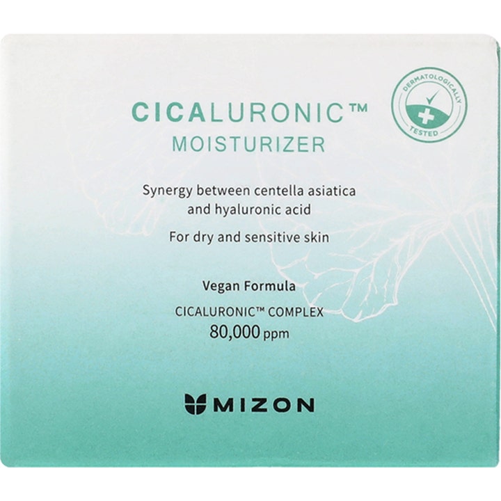 Mizon Cicaluronic Moisturizer 50 ml beroligende ansiktskrem i turkis eske med vegansk formel og centella.