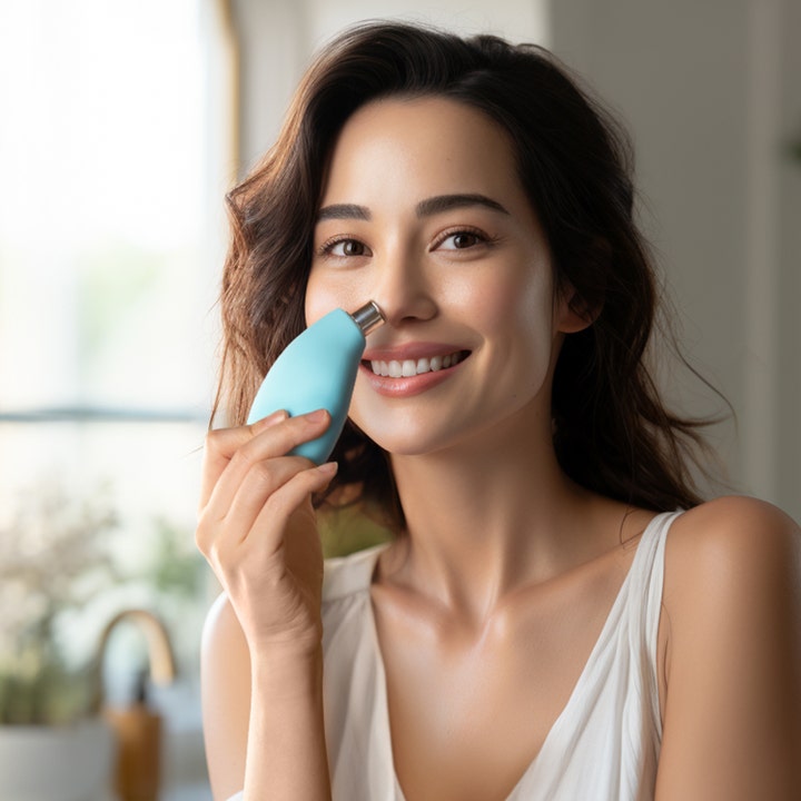 FOREO KIWI 1 stk porerens for hudpleierutine som viser en kvinne som bruker den lyseblå enheten på nesen.