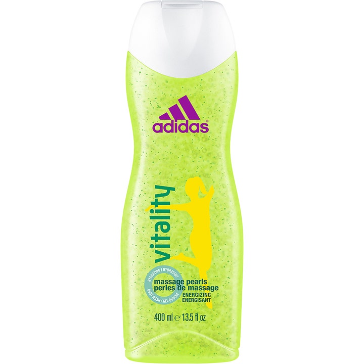 Adidas Vitality 400 ml energigivende dusjsåpe i limegrønn flaske med grønne massasjeperler og lilla logo