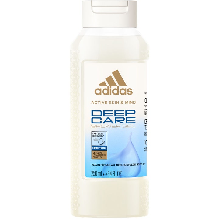 Adidas Active Skin & Mind Deep Care 250 ml fuktighetsgivende dusjsåpe i hvit resirkulert flaske med gullogo og blå grafikk.