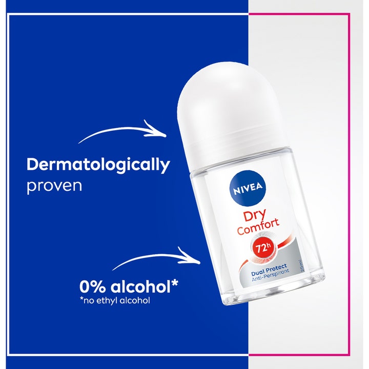 NIVEA Dry Comfort Roll On Mini 25 ml antiperspirant gir 72h beskyttelse uten alkohol i liten flaske med hvit kork