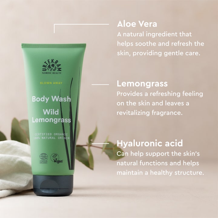Urtekram Body Wash Wild Lemongrass 200 ml oppfriskende dusjsåpe i grønn tube med pleiende Aloe Vera og hyaluronsyre.