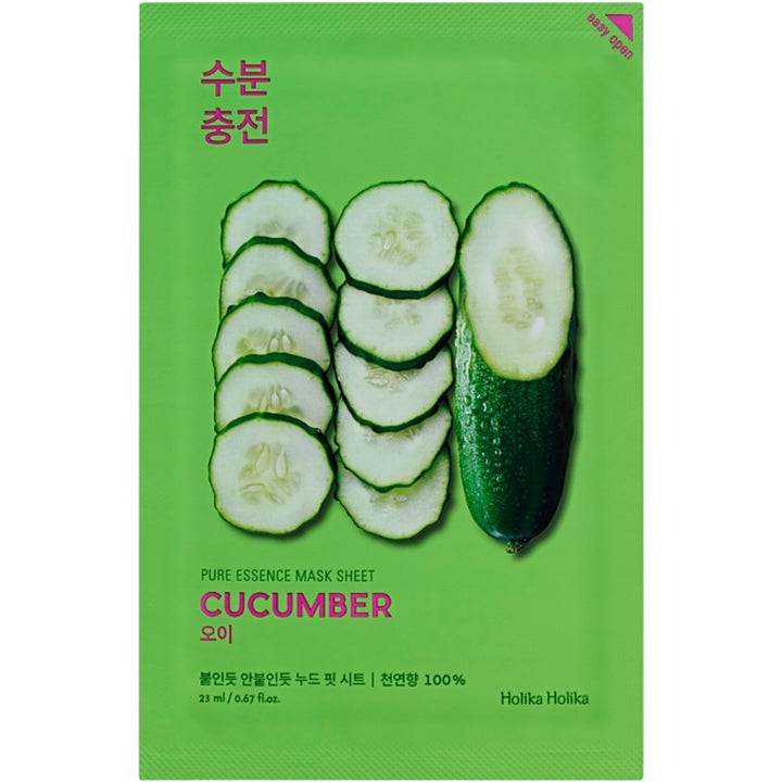 Holika Holika Pure Essence Mask Sheet Cucumber 23 ml fuktighetsgivende ansiktsmaske i grønn pose med agurkskiver