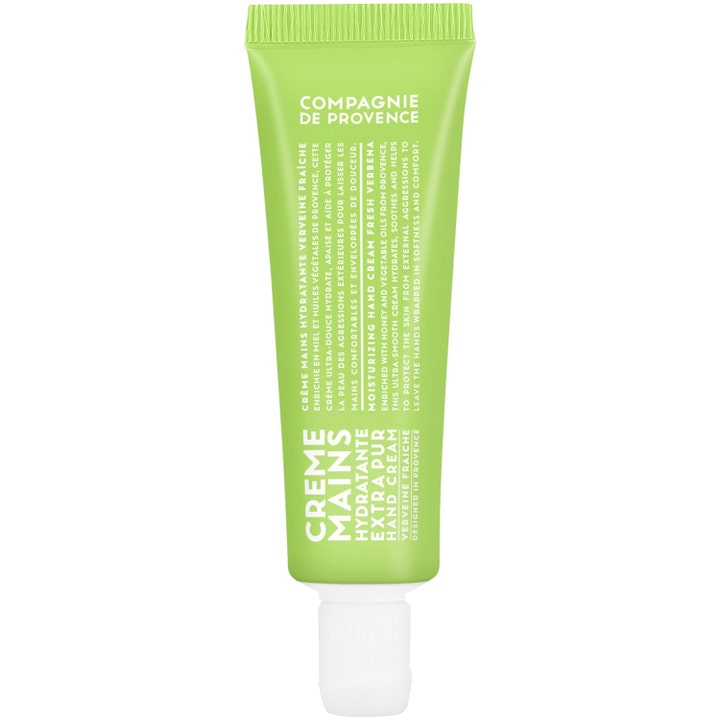 Compagnie de Provence Extra Pur Fresh Verbena fuktighetsgivende håndkrem i limegrønn tube med hvit kork.