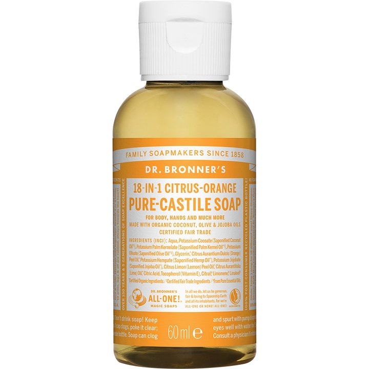 Dr. Bronner's 18-In-1 Citrus-Orange Pure-Castile Soap 60 ml flytende såpe i klar plastflaske med oransje etikett