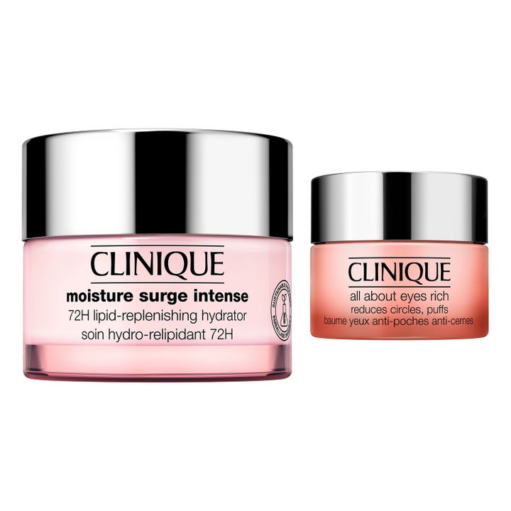 Clinique Moisture Surge Intense og All About Eyes Rich fuktgivende sett i rosa krukker med blanke sølvlokk