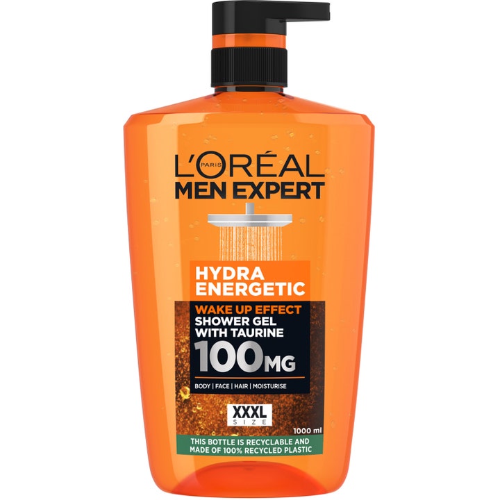 L'Oréal Men Expert Hydra Energetic Dusjgelé 1000 ml gir energi med taurin i en stor oransje pumpeflaske.