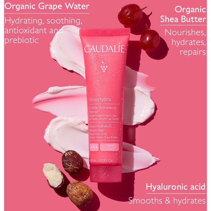 Caudalie Vinohydra Deep Hydration Moisturizer 60 ml fuktighetskrem med druer og sheasmør på rosa bakgrunn