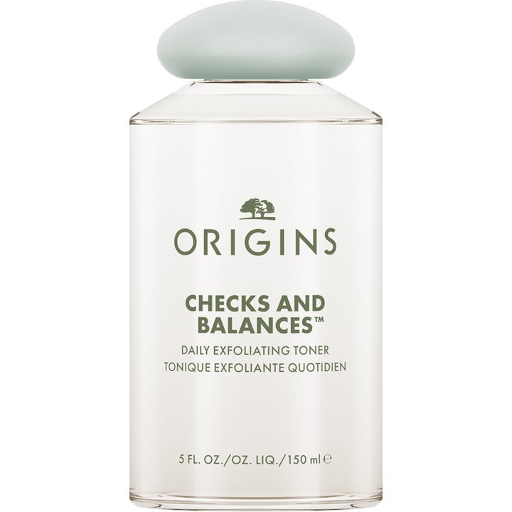 Origins Checks and Balances Daily Exfoliating Toner 150 ml eksfolierende ansiktsvann i klar flaske med lysegrønn kork