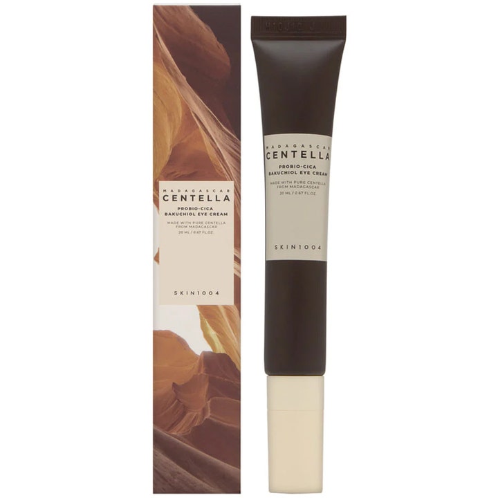 SKIN1004 Madagascar Centella Probio-Cica Bakuchiol Eye Cream 20 ml øyekrem i mørkebrun tube og eske med naturprint