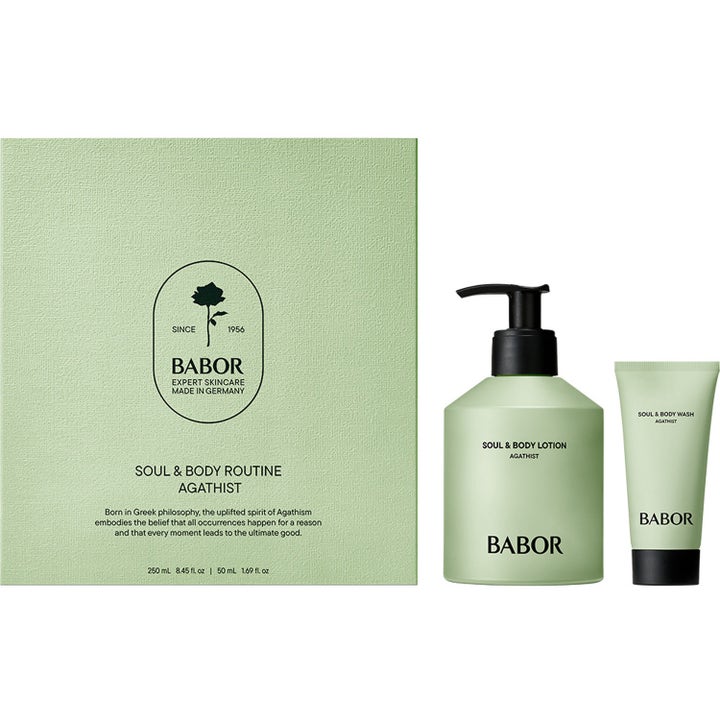 Babor Soul & Body Routine Agathist 250 ml og 50 ml kroppspleiesett med lysegrønn pumpeflaske, tube og eske.
