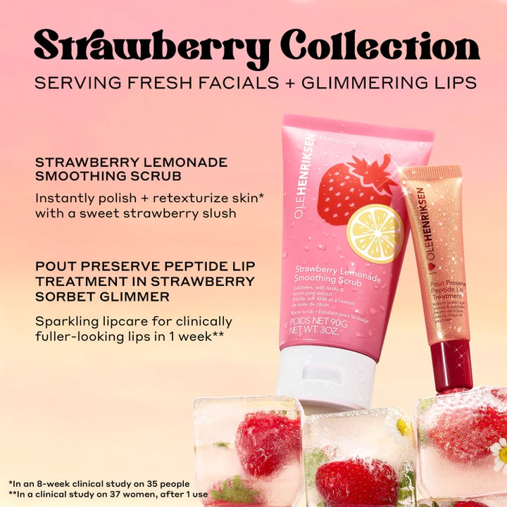 Ole Henriksen Strawberry Smoothing Scrub 90 ml ansiktsskrubb og lip treatment i rosa tuber på isbiter