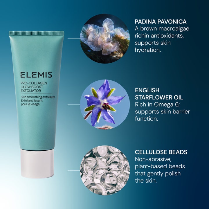 Elemis Pro-Collagen Glow Boost Exfoliator 100 ml ansiktsskrubb i turkis tube med Padina Pavonica og Cellulose Beads.