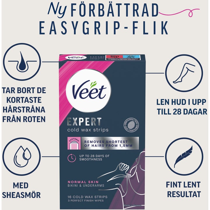 Veet Bikini & Underarm Wax Strips 16 stk hårfjerning gir glatt hud med Easygrip-flik og fuktighetsgivende sheasmør