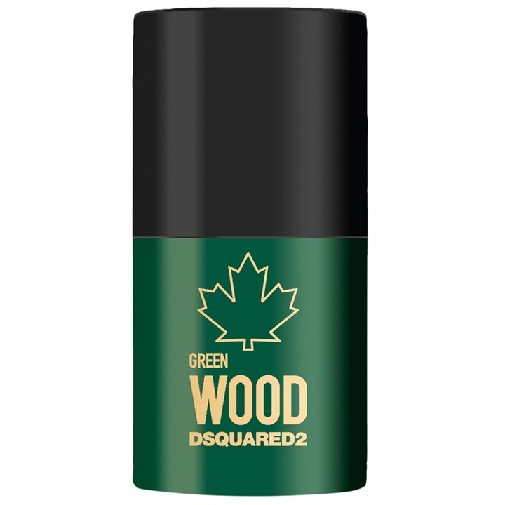 DSQUARED2 Green Wood 75ml deostick gir friskhet i en mørkegrønn sylindrisk beholder med svart kork og gullfarget logo