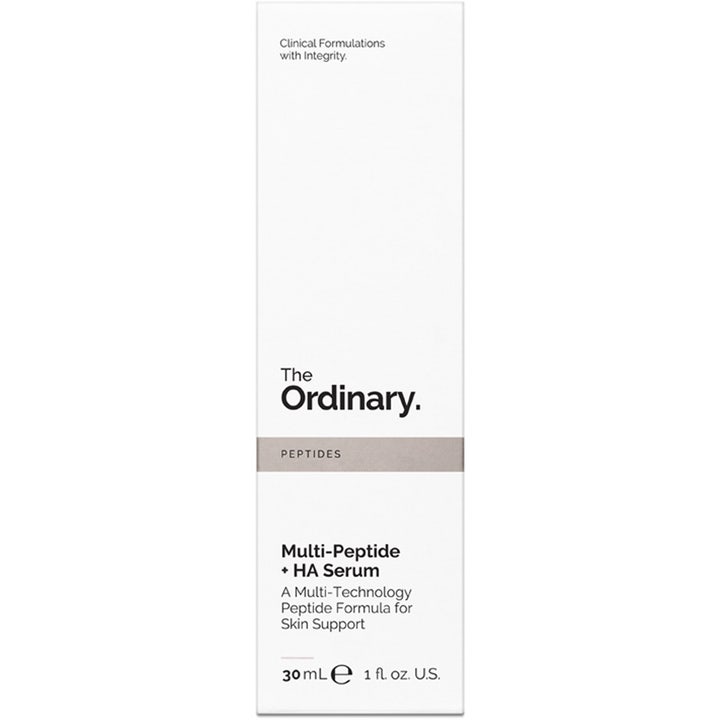 The Ordinary Multi-peptide + HA serum 30 ml fuktgivende ansiktsserum i hvit pappeske med grått bånd.