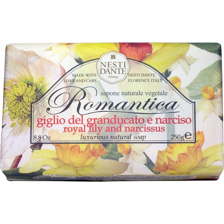 Nesti Dante Romantica Royal Lily and Narcissus 250 g luksuriøs fast såpe i papiremballasje med gule liljer