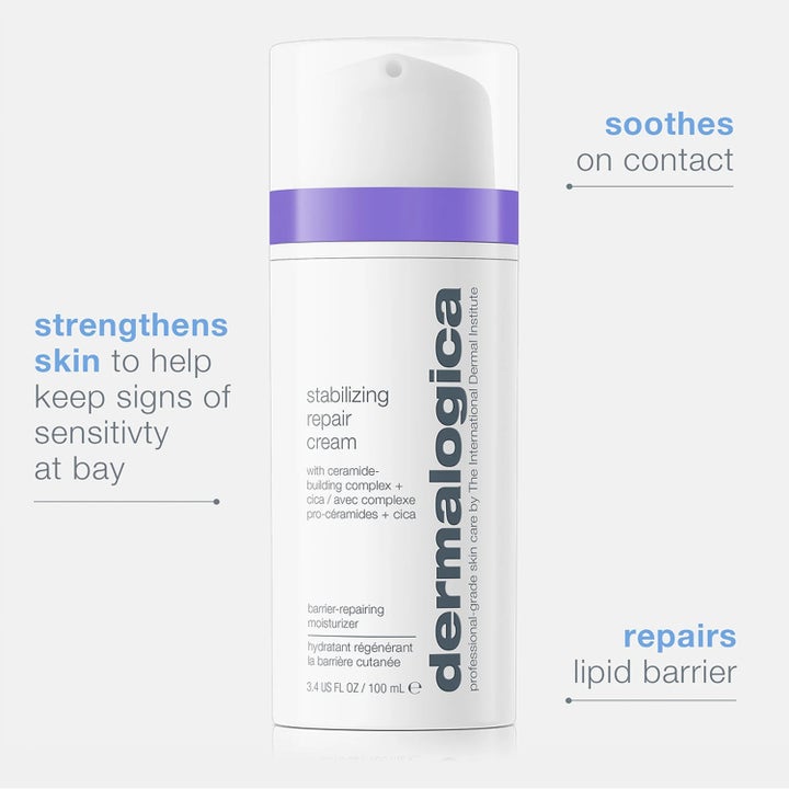 Dermalogica Stabilizing Repair Cream 100 ml beroligende ansiktskrem i hvit pumpeflaske med lilla bånd og klar kork.
