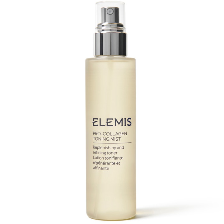 Elemis Pro-Collagen Toning Mist forfinende ansiktsspray i en frostet plastflaske med sølvfarget spraypumpe.