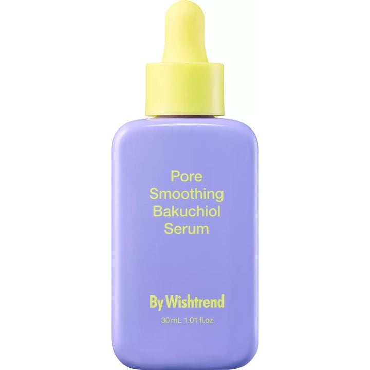 By Wishtrend Pore Smoothing Bakuchiol Serum 30 ml utjevnende ansiktsserum i lilla flaske med gul pipette