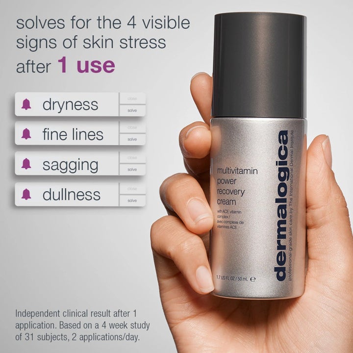 Dermalogica MultiVitamin Power Recovery Cream 50 ml i sølvfarget pumpeflaske som motvirker tørrhet og fine linjer.